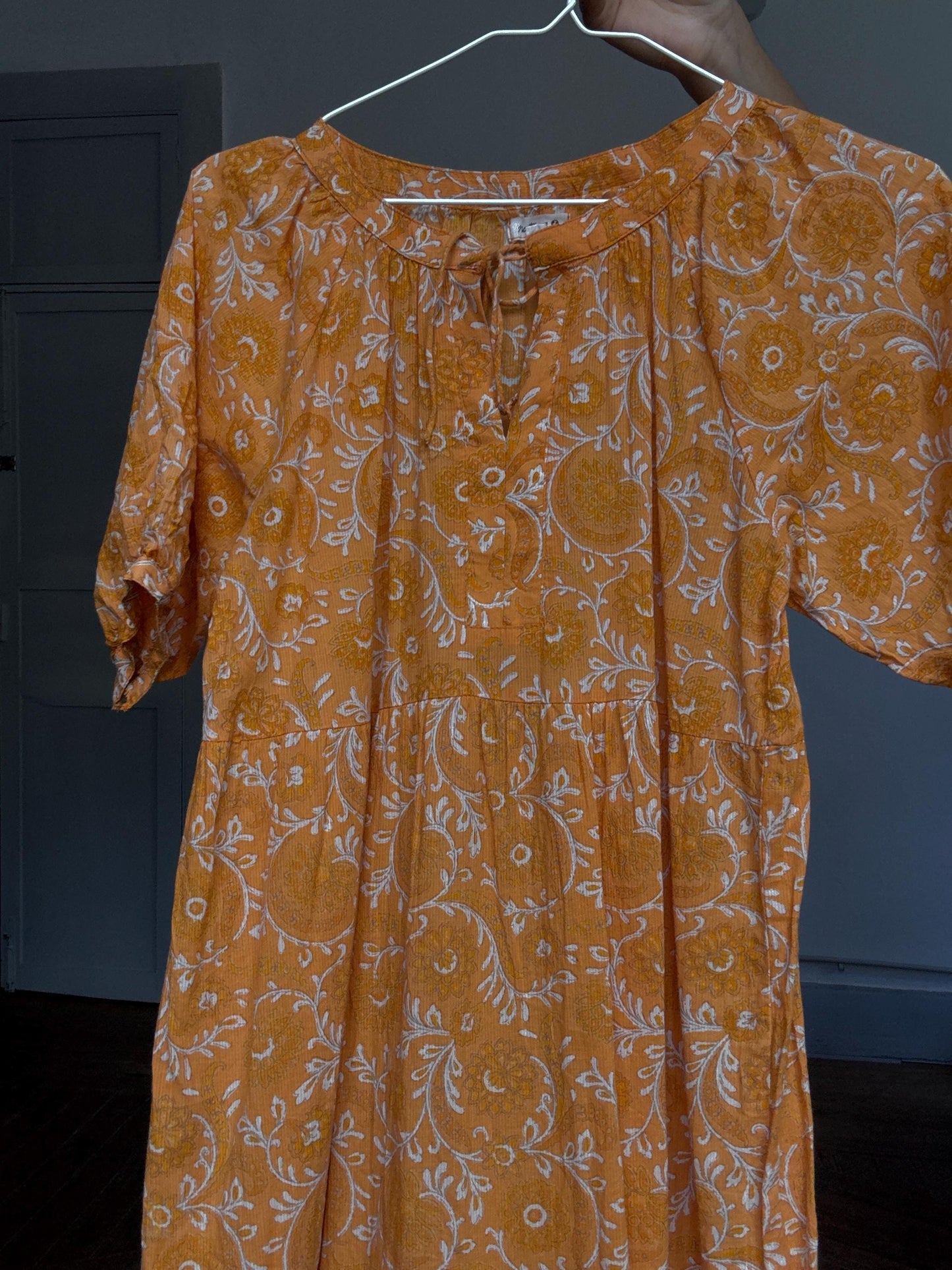 Natura floral maxi dress in 100% cotton – golden orange boho style, tiered silhouette, relaxed summer fit