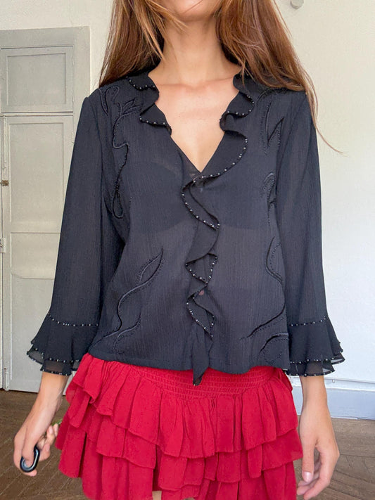 Vintage Durachi black ruffle blouse – sheer blouse, beaded trim details, romantic boho glam