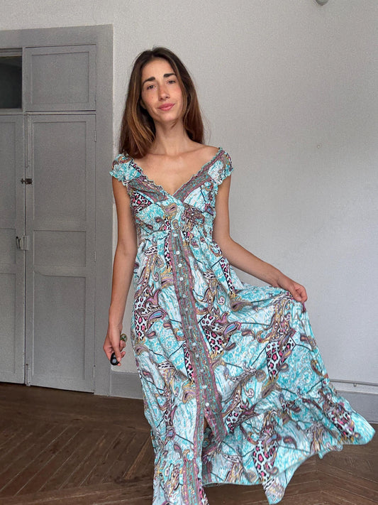 Boho Luxe Silk Maxi Dress | Blue Paisley Print Summer Gown | Romantic Festival Look | Cottagecore Inspired | Fairycore Dress Size M
