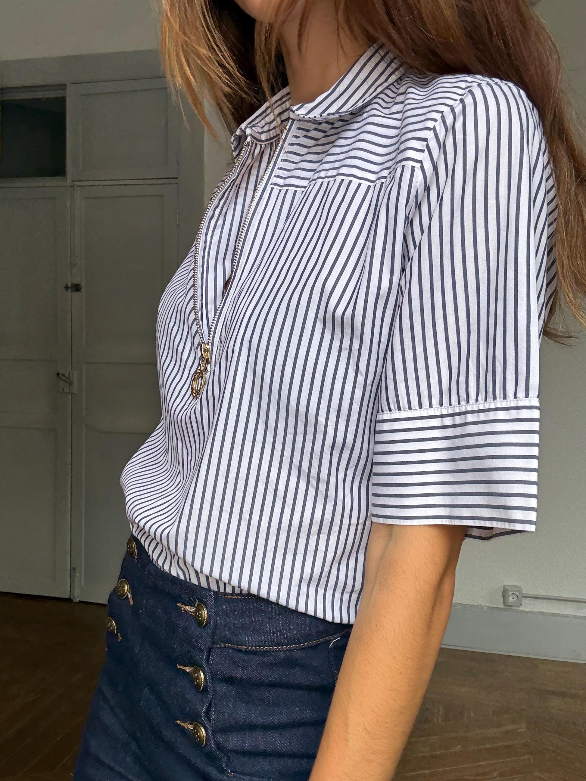 French Girl Zip-Up Blouse | Purificación García Luxury Striped Shirt | Navy White Chic Top | Size M, Emily in Paris aesthetic