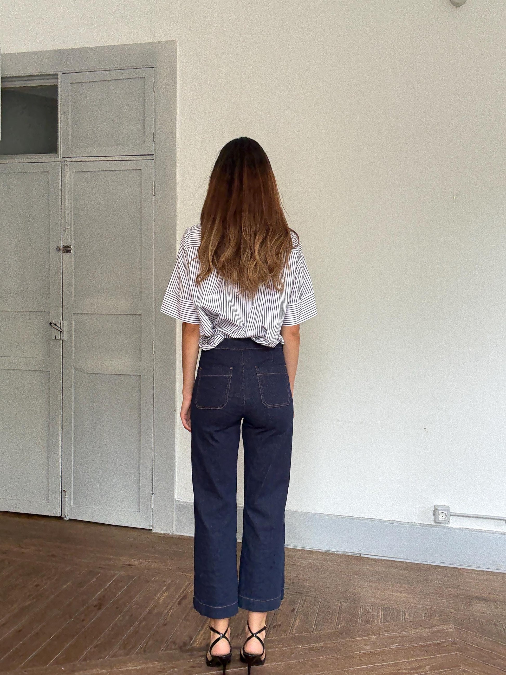 French Girl Zip-Up Blouse | Purificación García Luxury Striped Shirt | Navy White Chic Top | Size M, Emily in Paris aesthetic