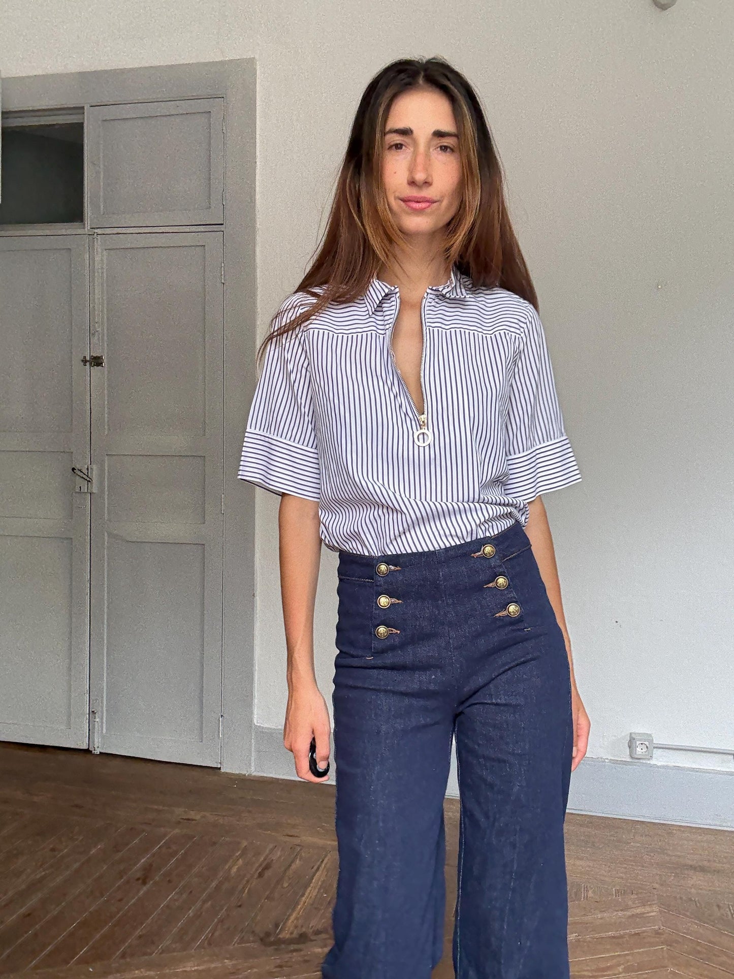 French Girl Zip-Up Blouse | Purificación García Luxury Striped Shirt | Navy White Chic Top | Size M, Emily in Paris aesthetic