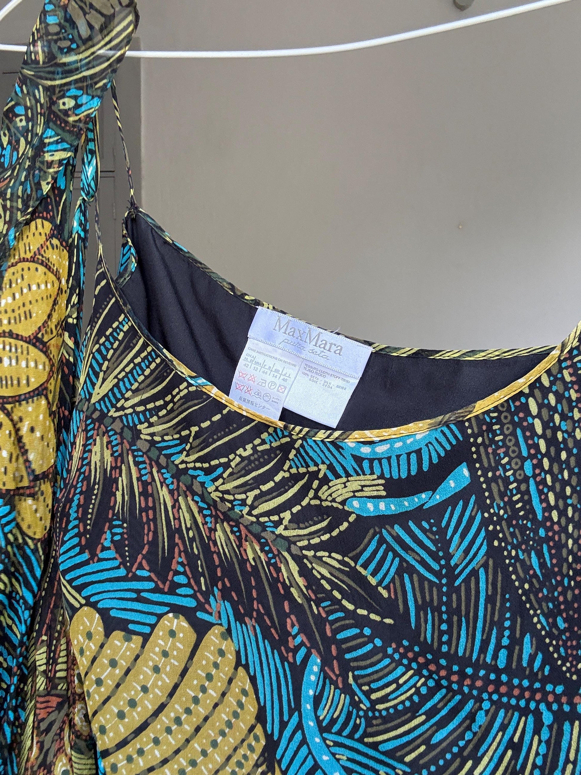 Max Mara Pure Silk Boho Top | Designer Cold Shoulder Blouse | Luxury Leaf Print Festival Top