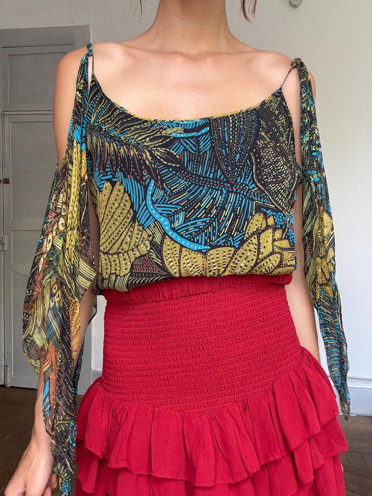 Max Mara Pure Silk Boho Top | Designer Cold Shoulder Blouse | Luxury Leaf Print Festival Top