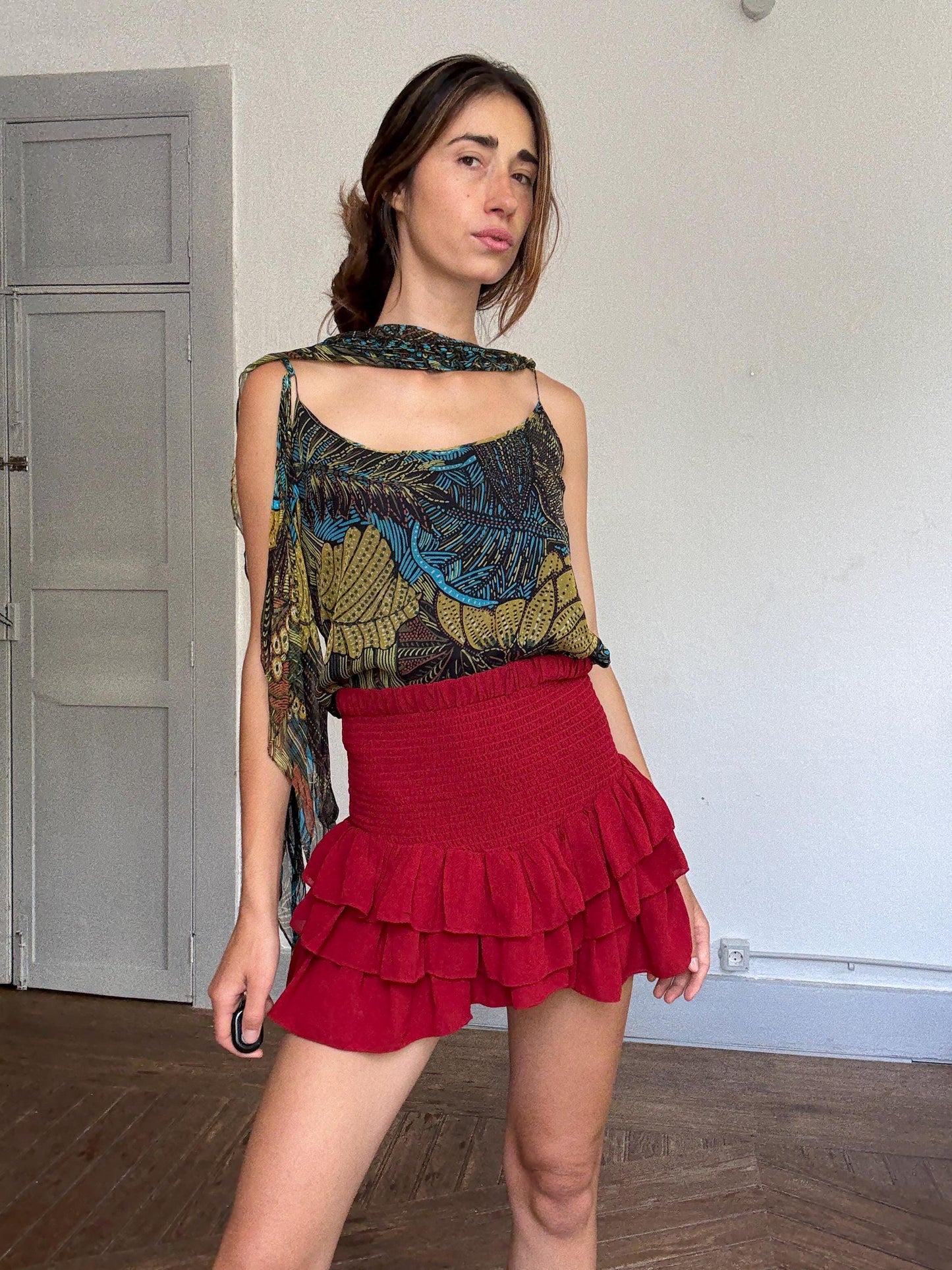 Max Mara Pure Silk Boho Top | Designer Cold Shoulder Blouse | Luxury Leaf Print Festival Top