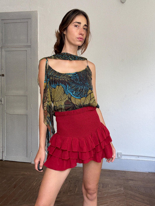 Max Mara Pure Silk Boho Top | Designer Cold Shoulder Blouse | Luxury Leaf Print Festival Top