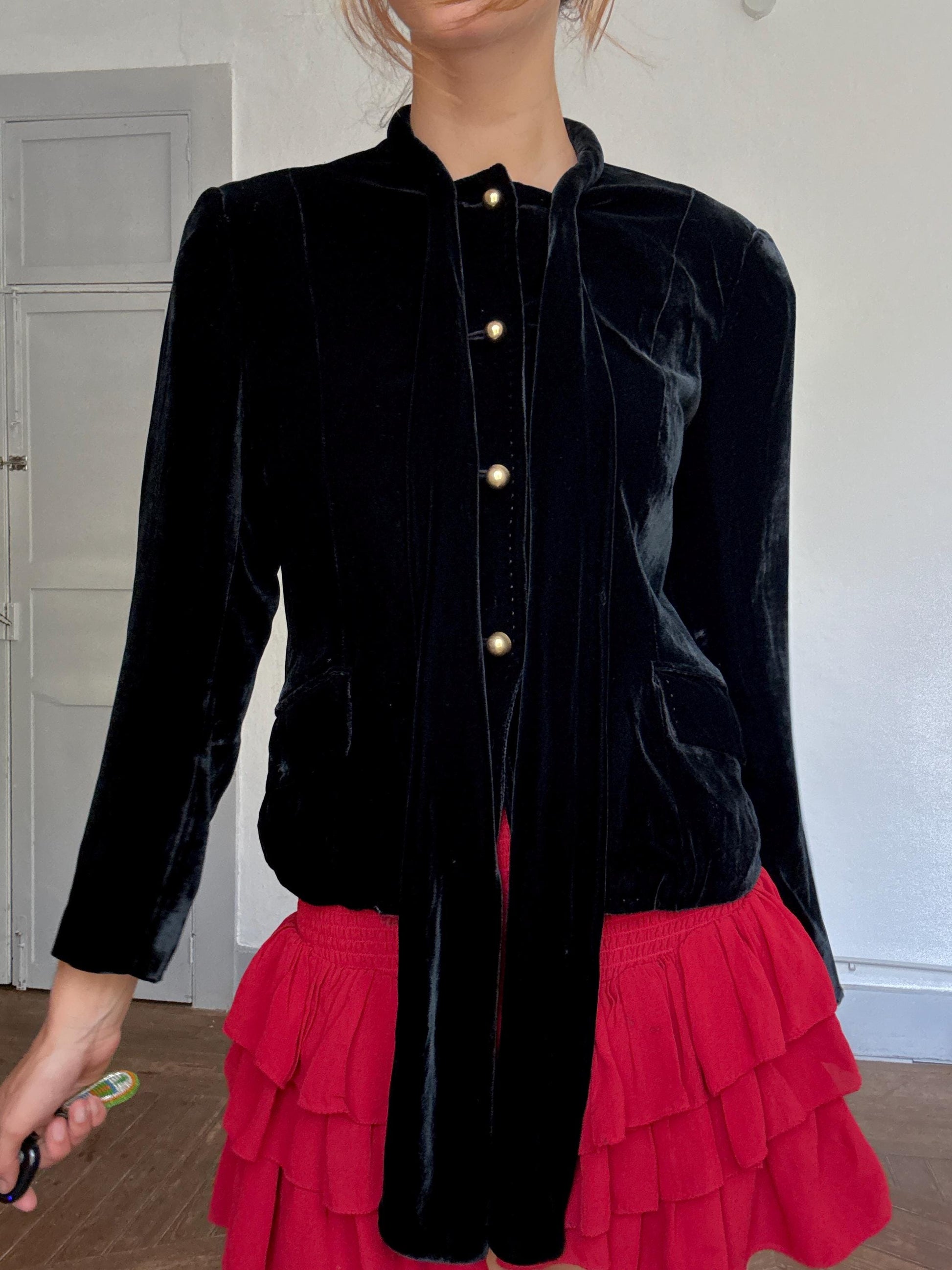 Purificación García Velvet Bow Blazer | French Girl Parisian Jacket | Luxury Black Tie-Neck Evening Blazer, Size M - L
