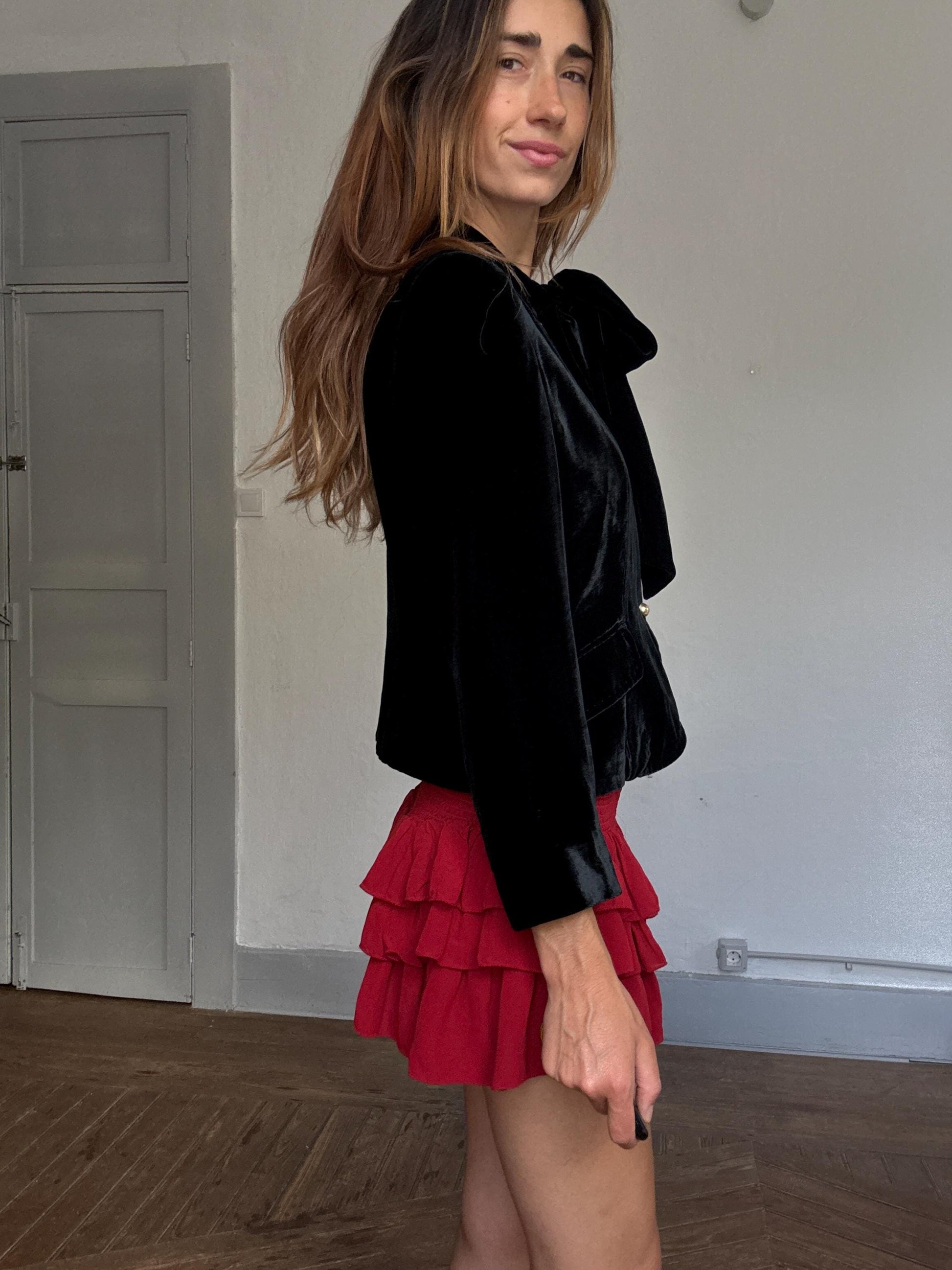 Purificación García Velvet Bow Blazer | French Girl Parisian Jacket | Luxury Black Tie-Neck Evening Blazer, Size M - L