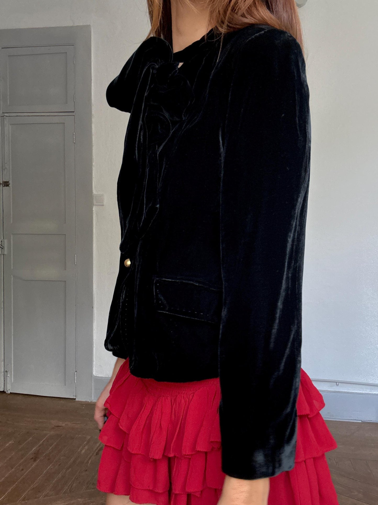 Purificación García Velvet Bow Blazer | French Girl Parisian Jacket | Luxury Black Tie-Neck Evening Blazer, Size M - L