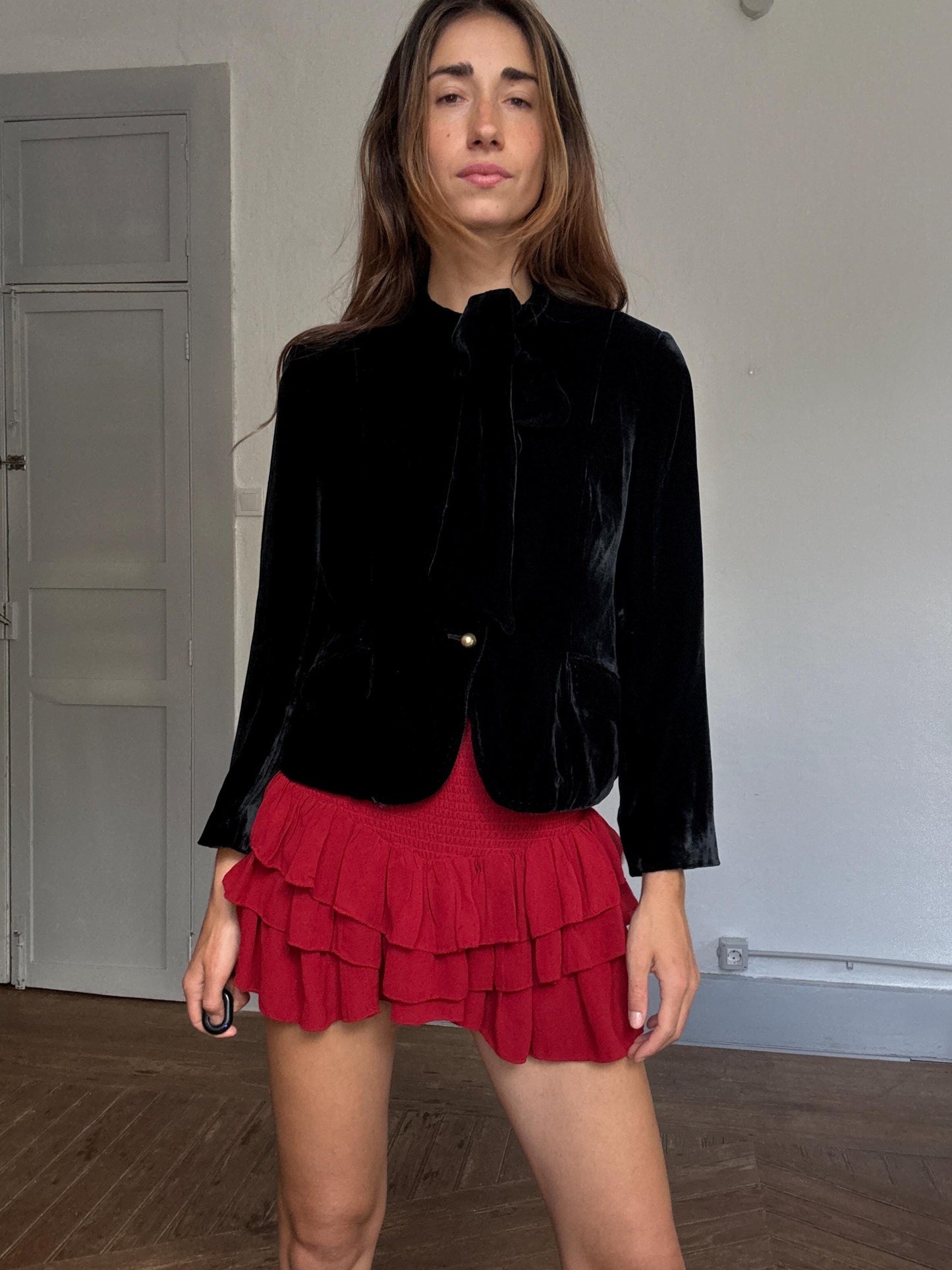 Purificación García Velvet Bow Blazer | French Girl Parisian Jacket | Luxury Black Tie-Neck Evening Blazer, Size M - L