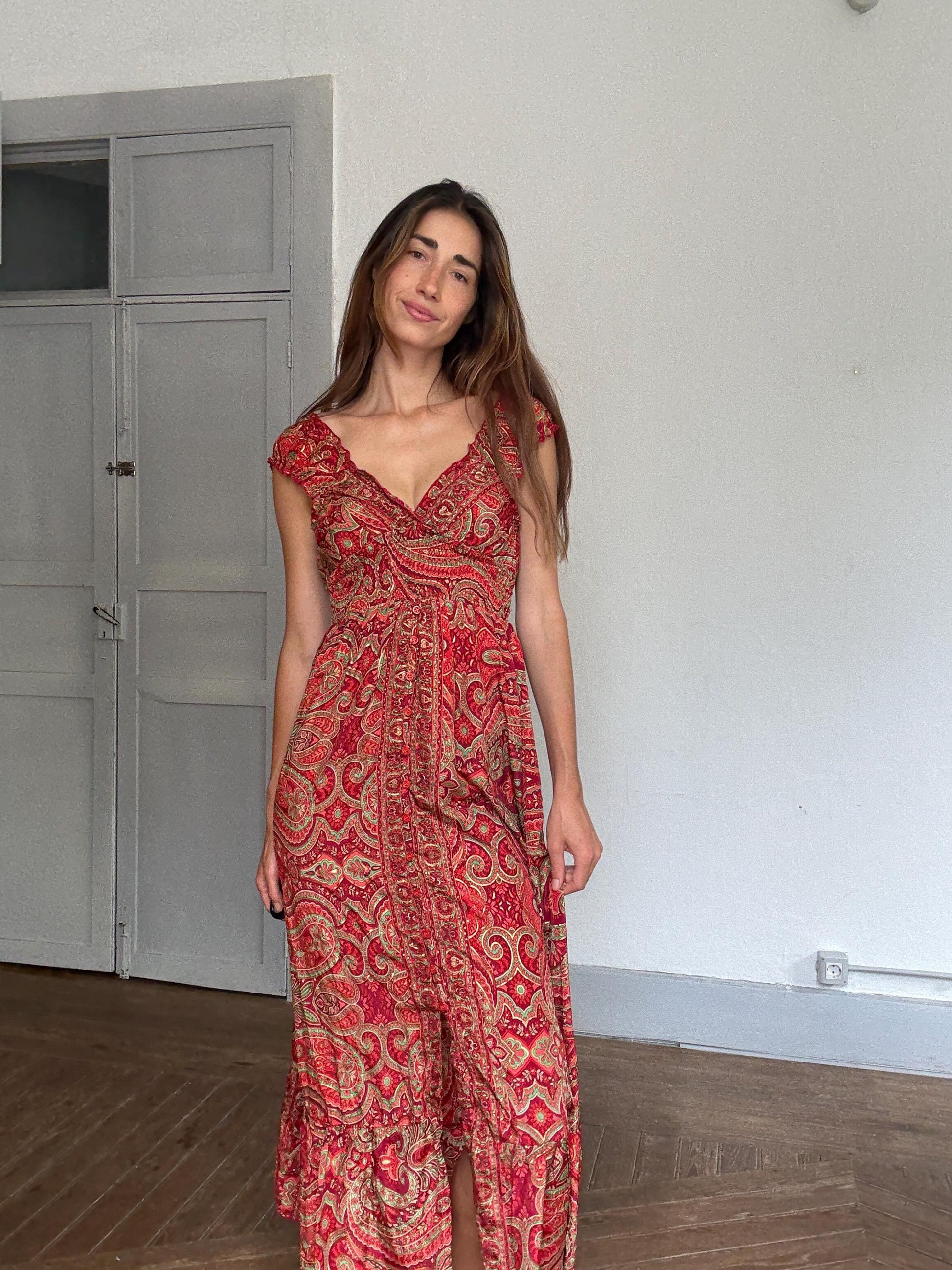 Silk Boho Maxi Dress | Red Gold Summer Dress | Romantic V Neck Silk Dress | Vintage Inspired Gypsy Gown | Size S