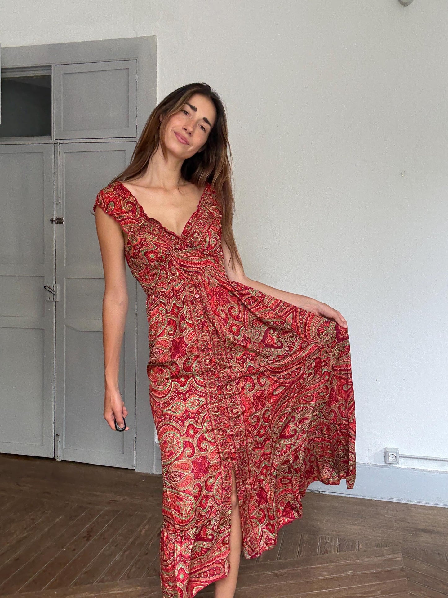 Silk Boho Maxi Dress | Red Gold Summer Dress | Romantic V Neck Silk Dress | Vintage Inspired Gypsy Gown | Size S