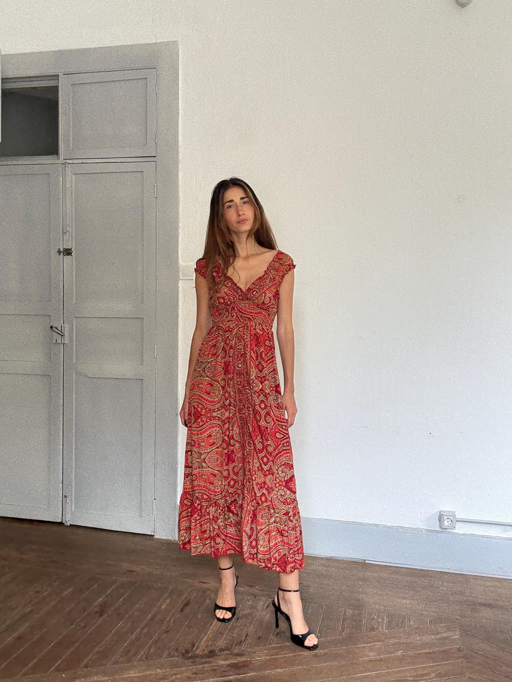 Silk Boho Maxi Dress | Red Gold Summer Dress | Romantic V Neck Silk Dress | Vintage Inspired Gypsy Gown | Size S