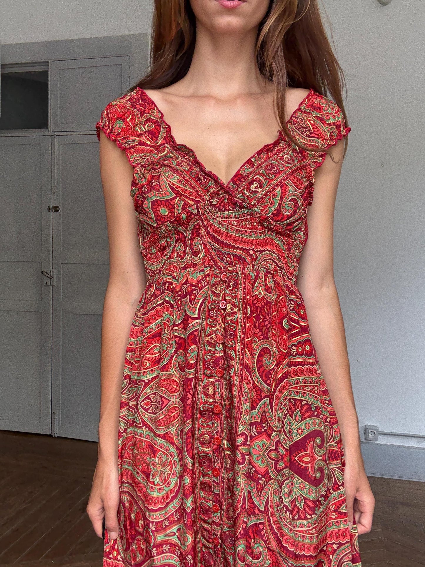 Silk Boho Maxi Dress | Red Gold Summer Dress | Romantic V Neck Silk Dress | Vintage Inspired Gypsy Gown | Size S