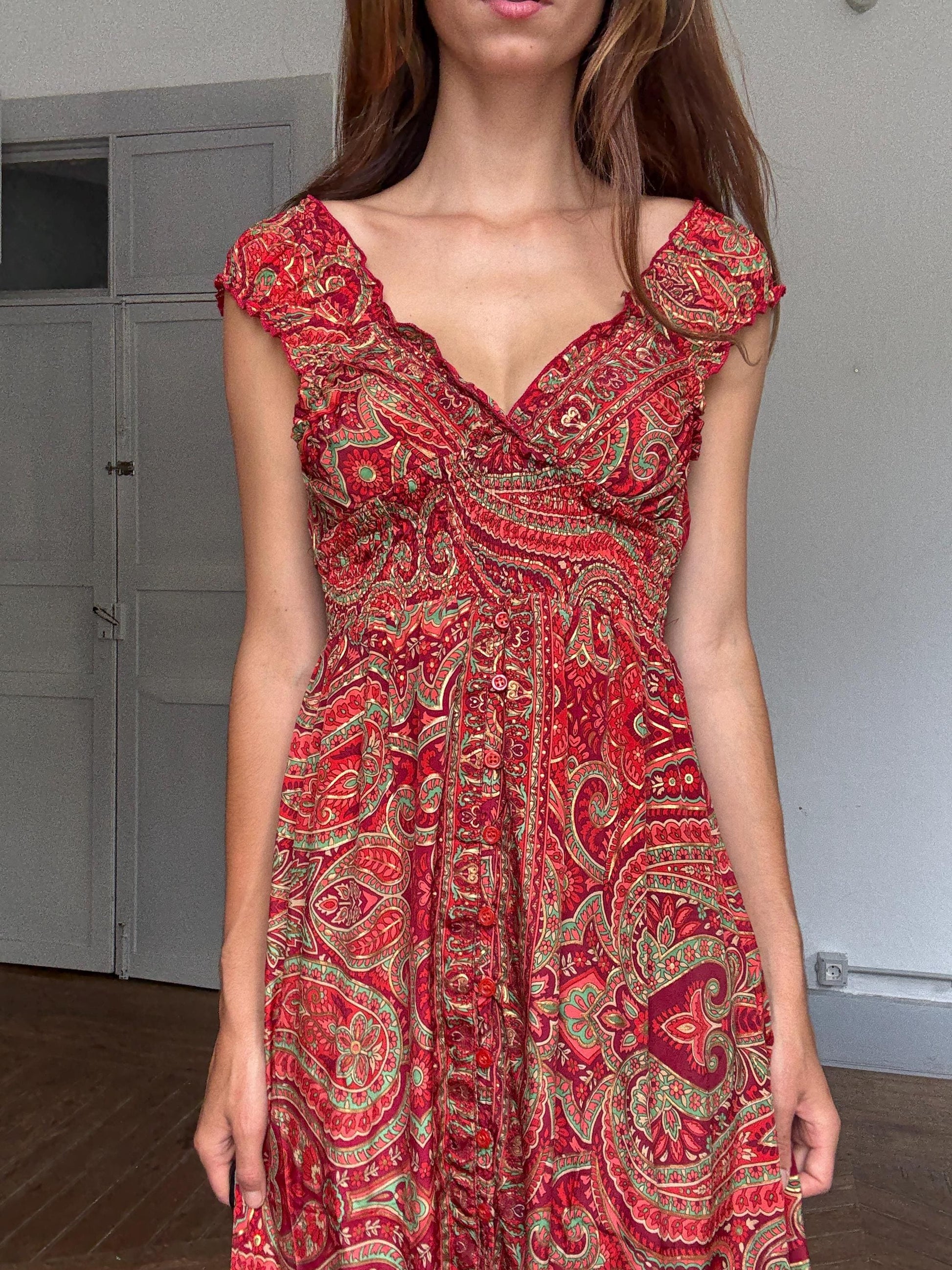 Silk Boho Maxi Dress | Red Gold Summer Dress | Romantic V Neck Silk Dress | Vintage Inspired Gypsy Gown | Size S