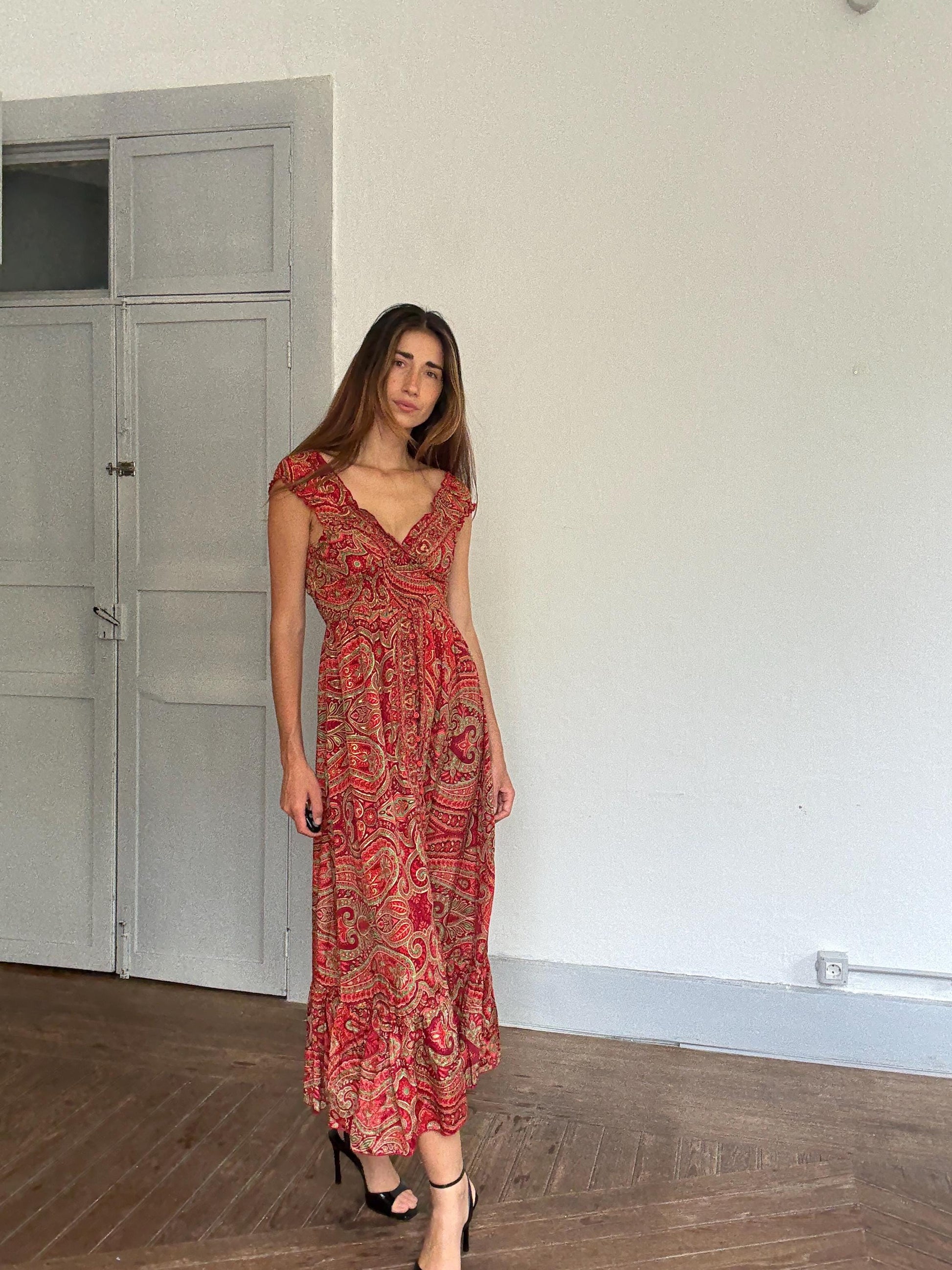 Silk Boho Maxi Dress | Red Gold Summer Dress | Romantic V Neck Silk Dress | Vintage Inspired Gypsy Gown | Size S