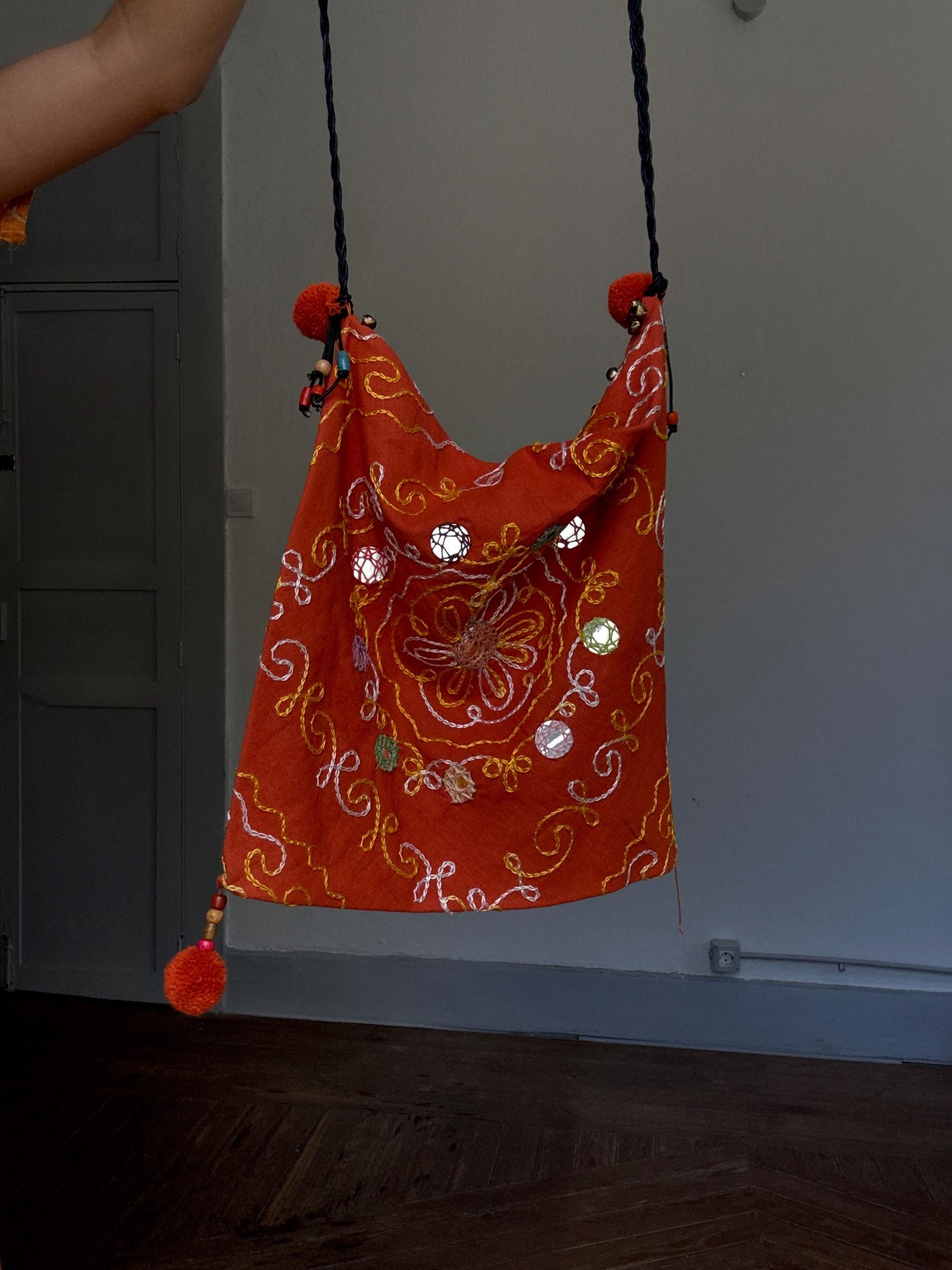 Boho Orange Crossbody Bag | Mirror Embroidered Festival Bag | Beaded Indian Gypsy Pouch | Handmade Envelope Shoulder Bag