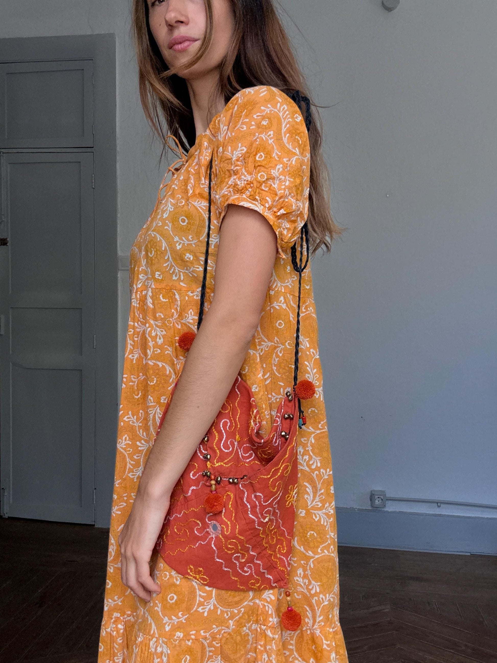 Boho Orange Crossbody Bag | Mirror Embroidered Festival Bag | Beaded Indian Gypsy Pouch | Handmade Envelope Shoulder Bag