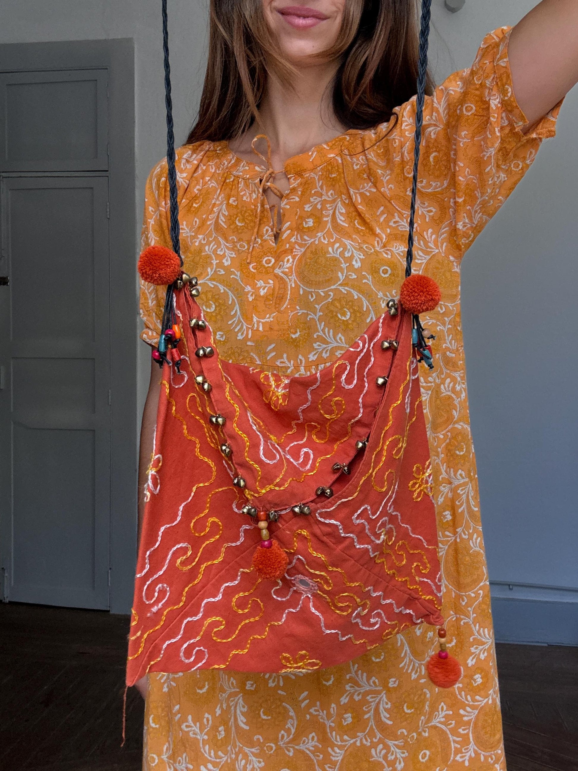 Boho Orange Crossbody Bag | Mirror Embroidered Festival Bag | Beaded Indian Gypsy Pouch | Handmade Envelope Shoulder Bag