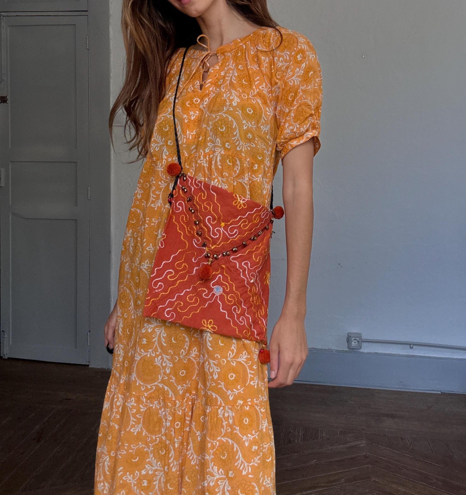 Boho Orange Crossbody Bag | Mirror Embroidered Festival Bag | Beaded Indian Gypsy Pouch | Handmade Envelope Shoulder Bag