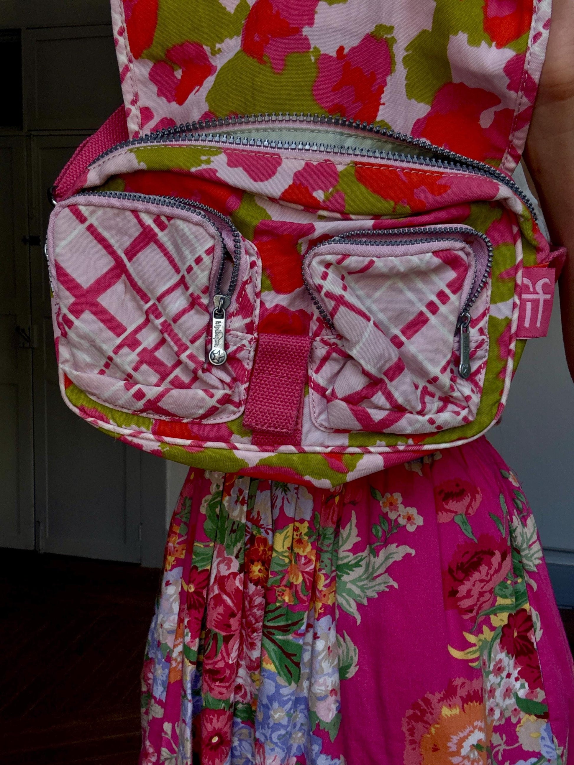 Kipling Pink Floral Shoulder Bag | Y2K Style Nylon Crossbody | Bold Patterned Secondhand Bag | No Monkey Charm