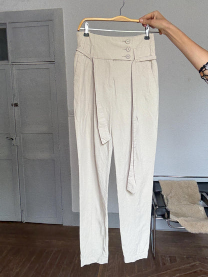 Beige High Waist Cotton Trousers With Belt — additional view 7