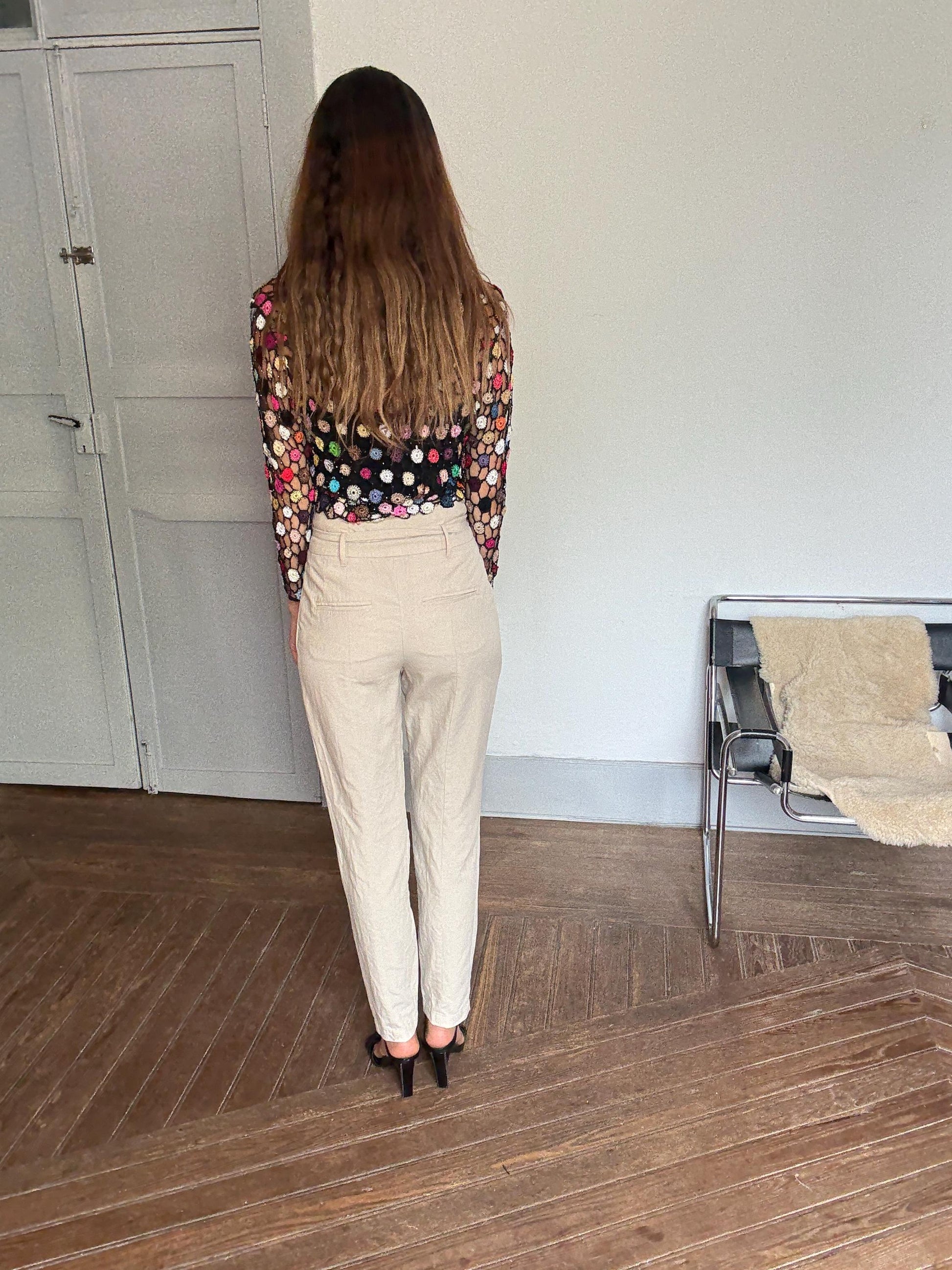 Oatmeal beige high waist trousers, Chic cotton pants with belt | Size EU34 / US2 | Sao Paulo brand