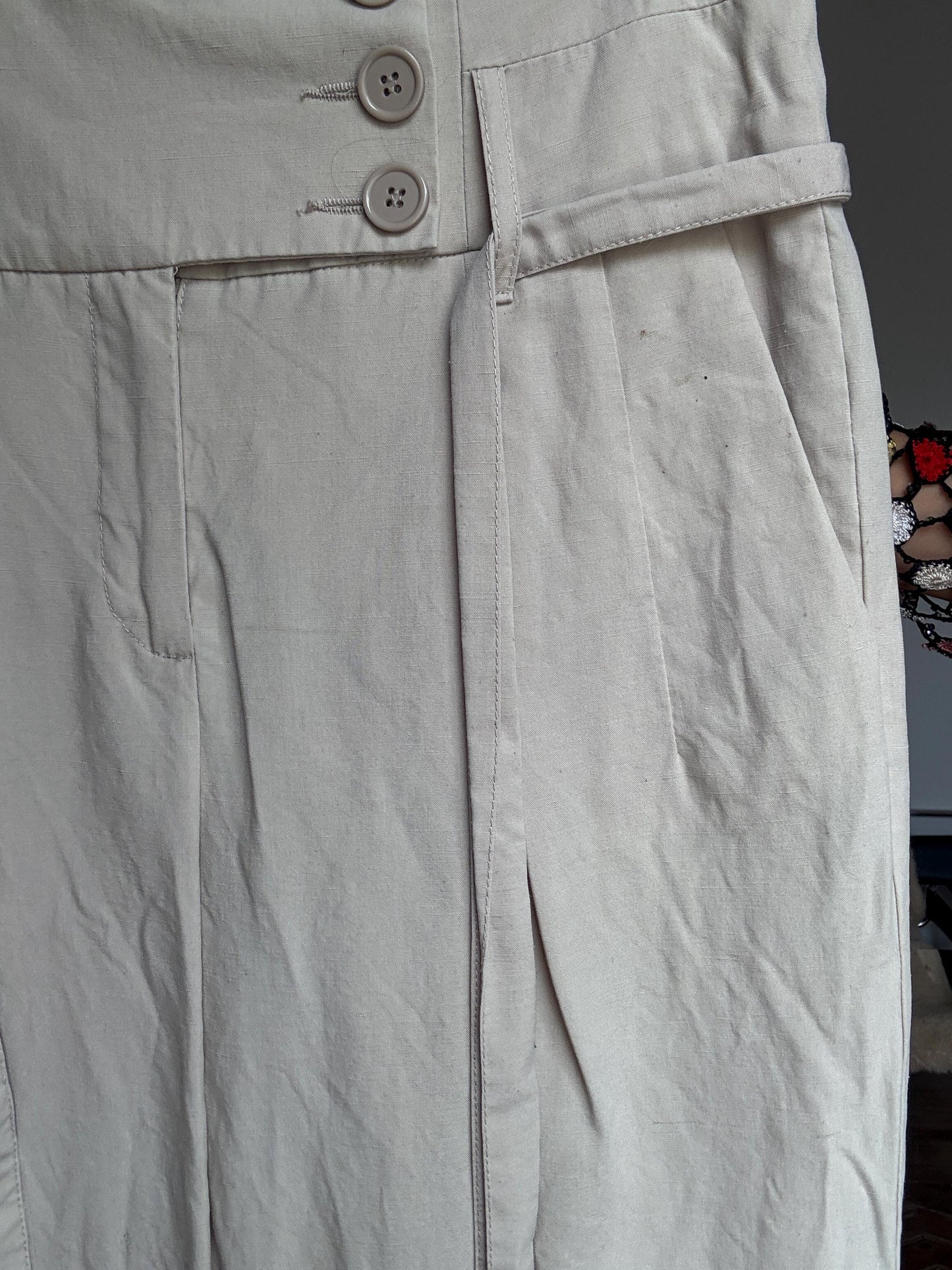 Oatmeal beige high waist trousers, Chic cotton pants with belt | Size EU34 / US2 | Sao Paulo brand