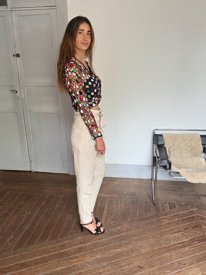 Beige High Waist Cotton Trousers With Belt — fabric close-up