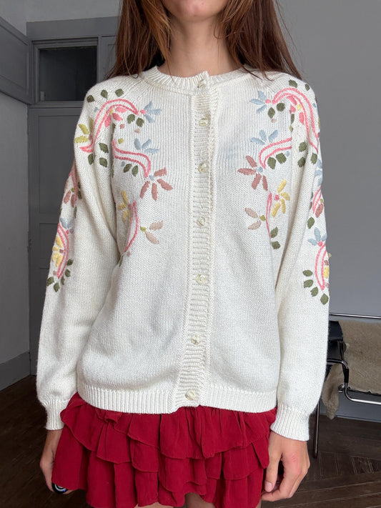 Cottagecore floral embroidered vintage cardigan, Cozy button-up knit | Semplice size L | wool blend soft girl sweater