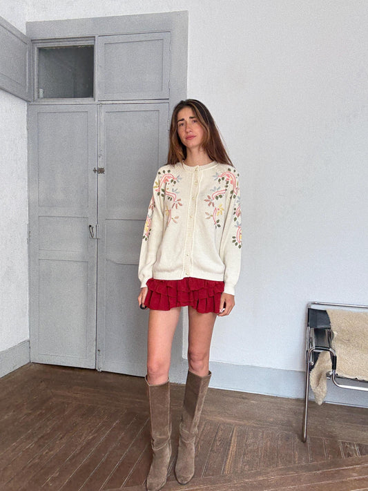 Cottagecore floral embroidered vintage cardigan, Cozy button-up knit | Semplice size L | wool blend soft girl sweater