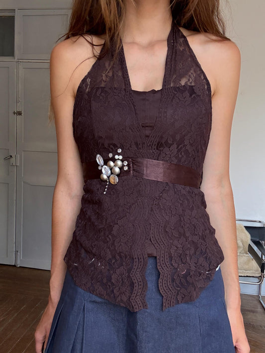 Vintage Y2K Brown Lace Halter Corset Top w/ Gem Detail | Paris Hilton Energy | Romantic Festival Going Out Look