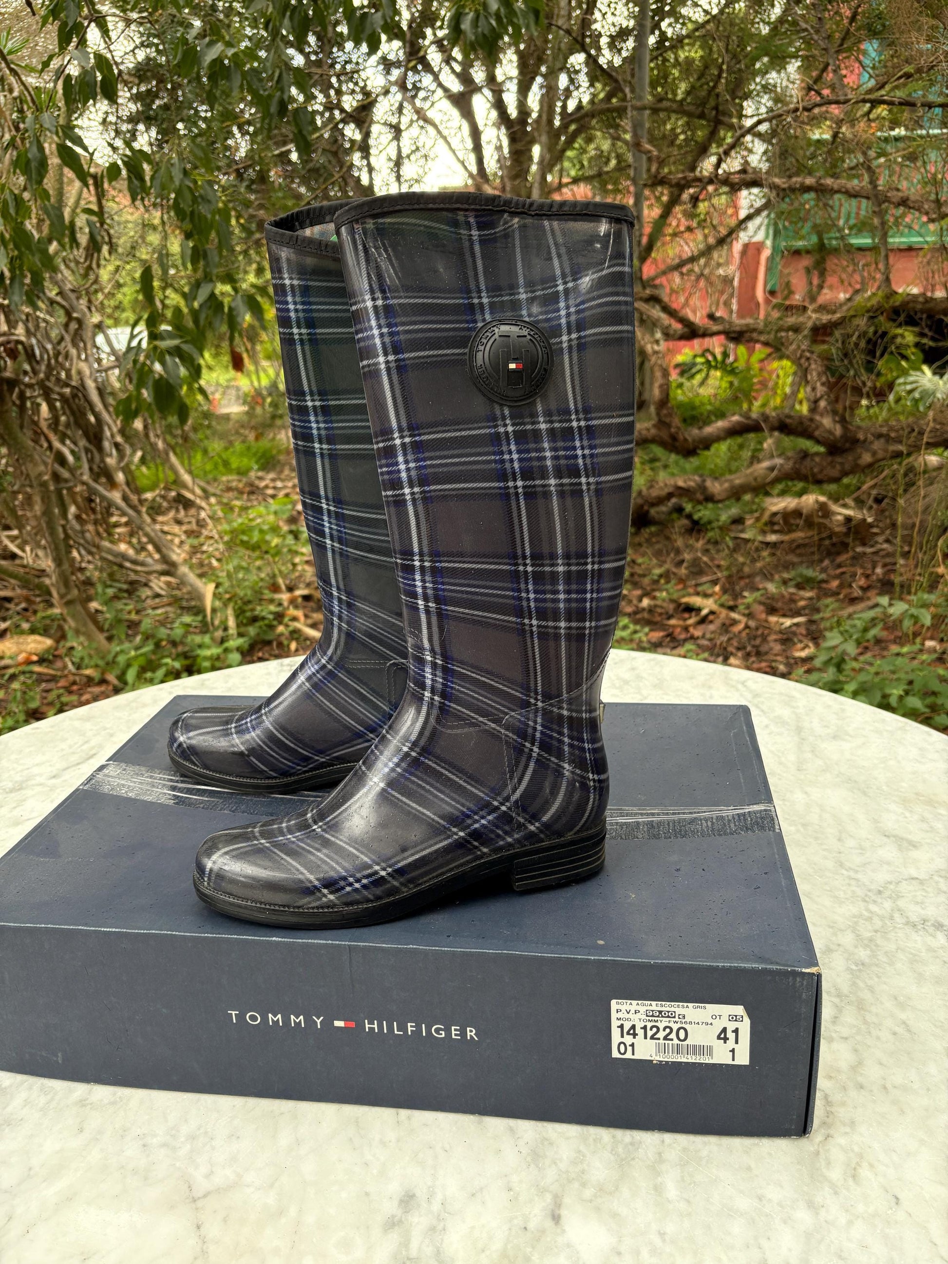 Luxury Tommy hilfiger rain boots, women's plaid brand wellington boots, grey - blue fashionable rain boots, designer wellies, size 41 -