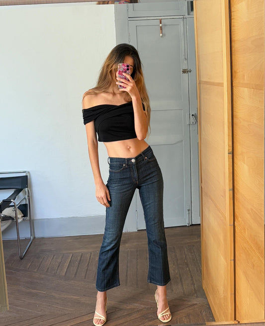 Y2k designer jeans, ESCADA SPORT low waist denim flares, Super sexy women dark blue jeans, Cropped bootcut retro trousers