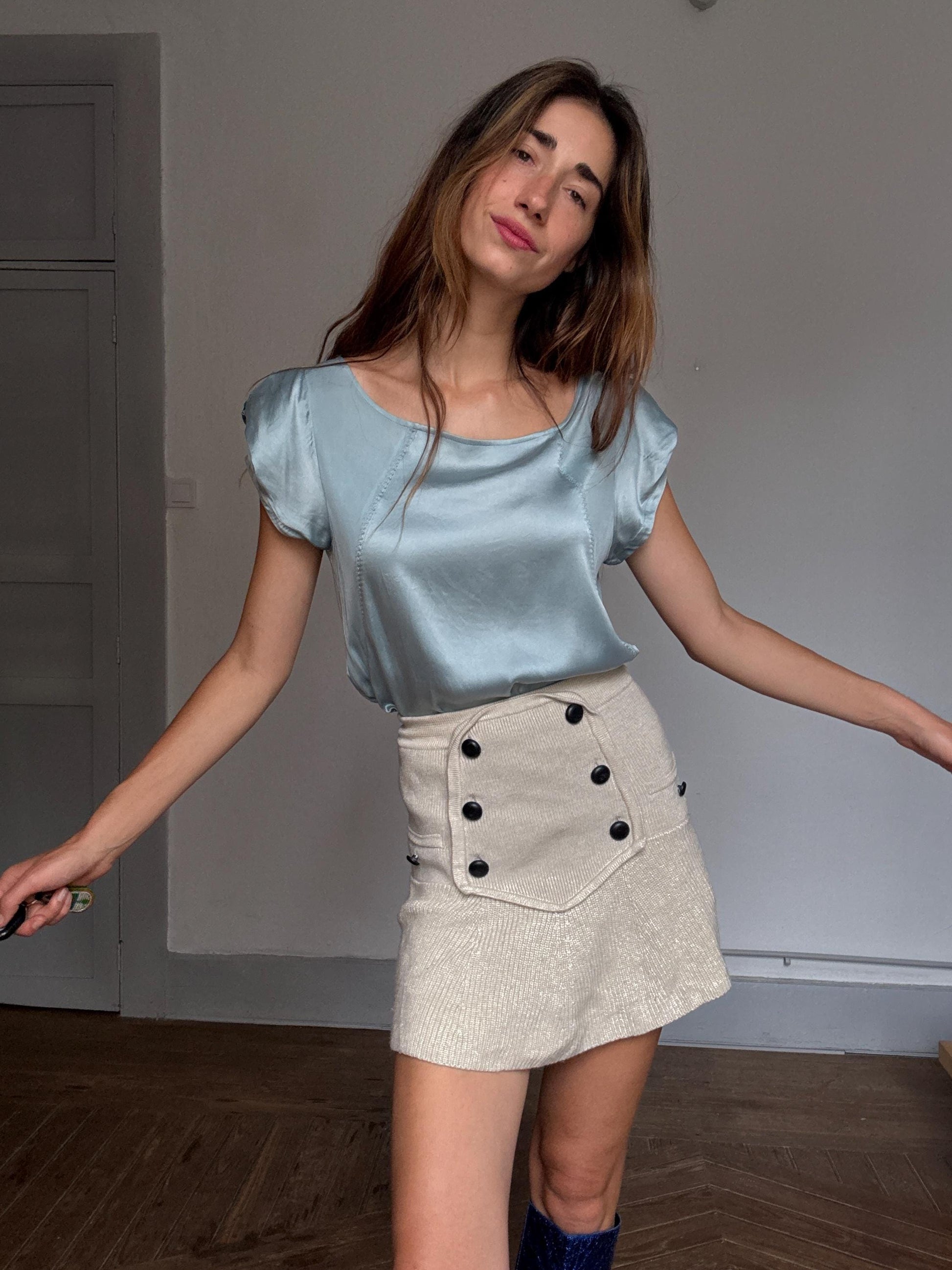 Adolfo Dominguez silk blend top – icy blue satin sheen, draped fit, cap sleeves, elegant fluid style in luxe viscose-silk mix