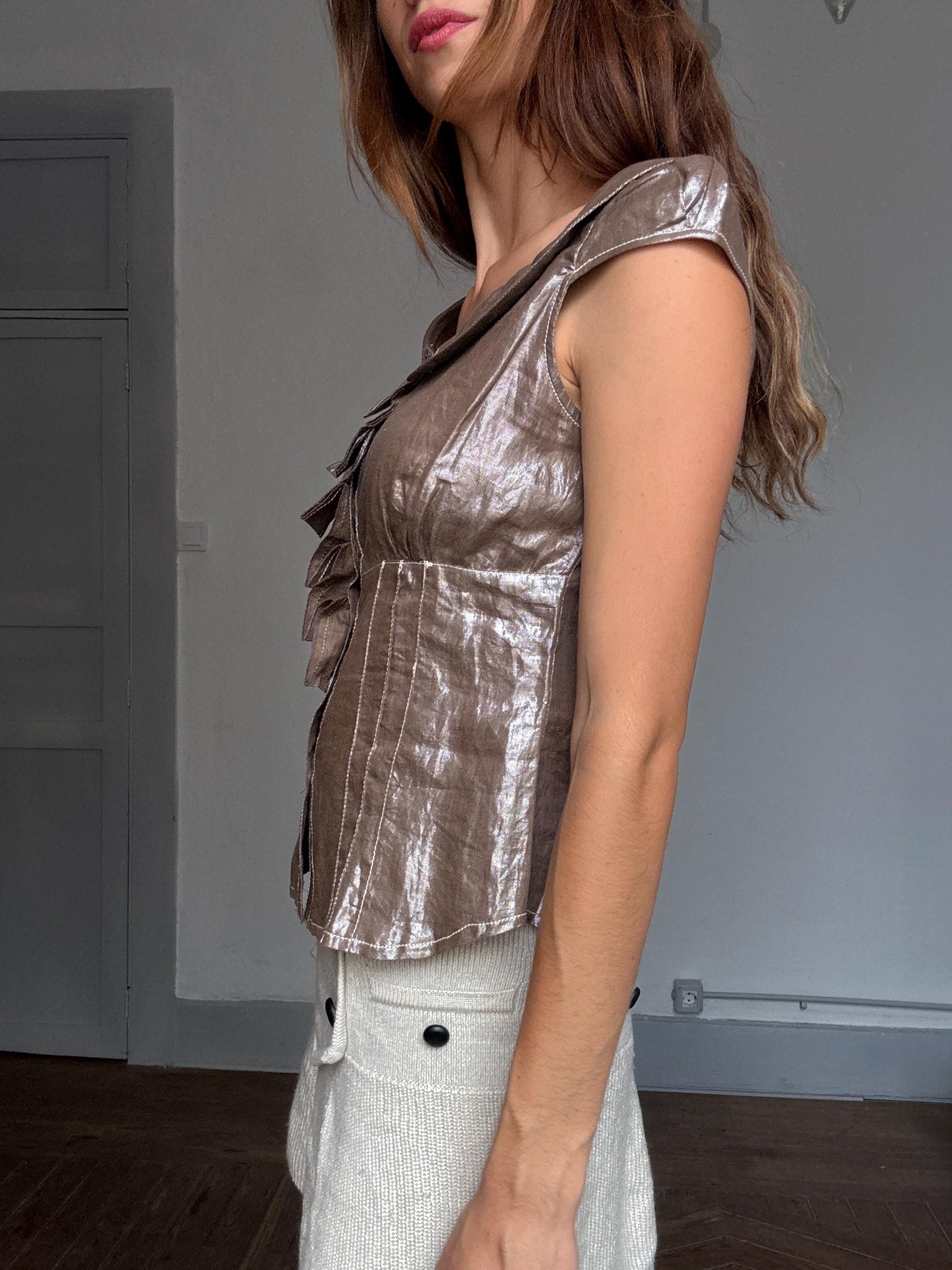 Vintage OKY COKY Shimmer Blouse | Peter Pan Collar & Ruffle Front | Made in Spain | Size S