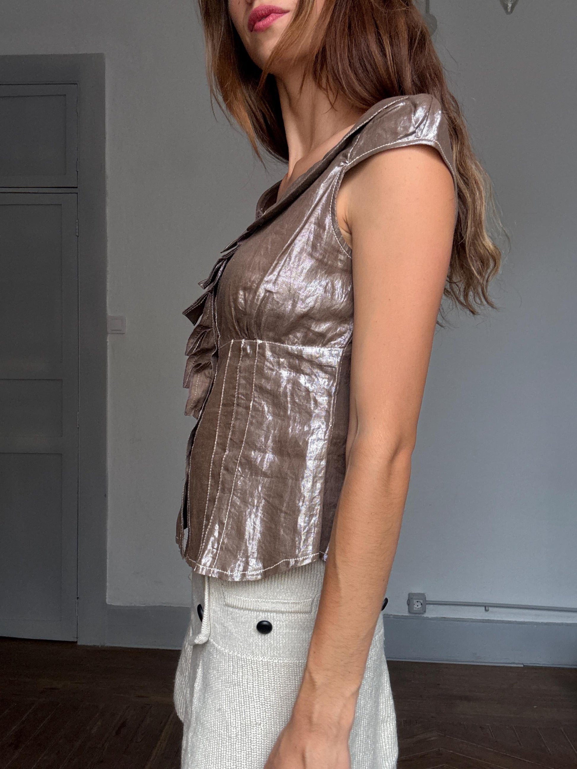 Vintage OKY COKY Shimmer Blouse | Peter Pan Collar & Ruffle Front | Made in Spain | Size S