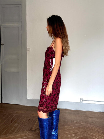 Burgundy Sequin Slip Dress – Vintage Chic — fabric close-up