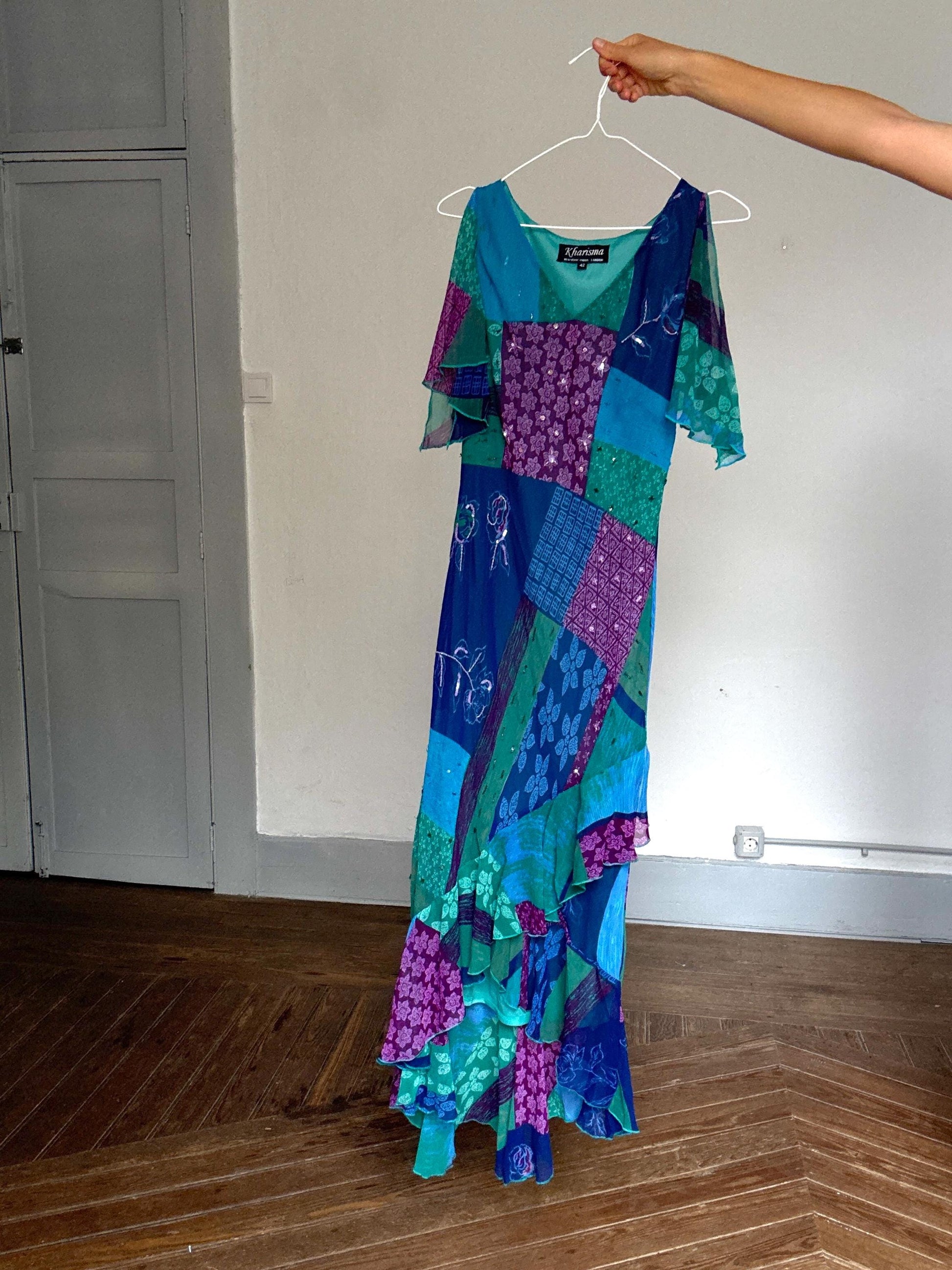 Vintage Boho Patchwork Sequin Maxi Dress – 90s Kharisma Colorful Ruffle Hem Gown – Festival Fairycore Size M/L