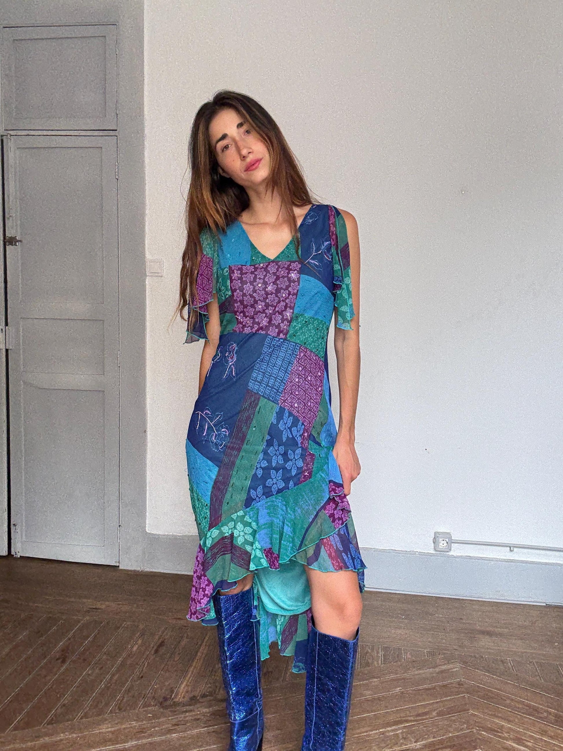 Vintage Boho Patchwork Sequin Maxi Dress – 90s Kharisma Colorful Ruffle Hem Gown – Festival Fairycore Size M/L