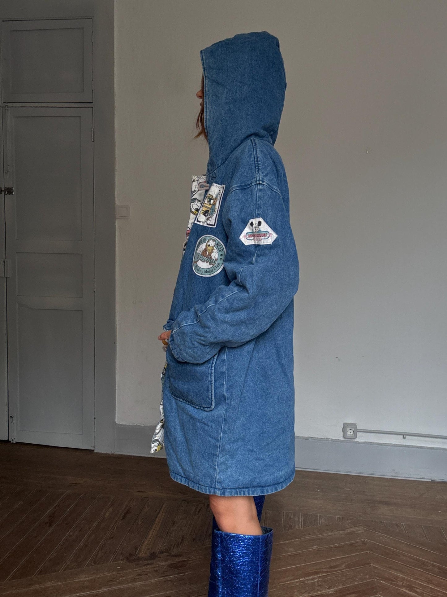 Rare vintage Mickey Mouse duffel coat – heavy cotton denim, cartoon print lining, toggle closure, warm padded Disney outerwear