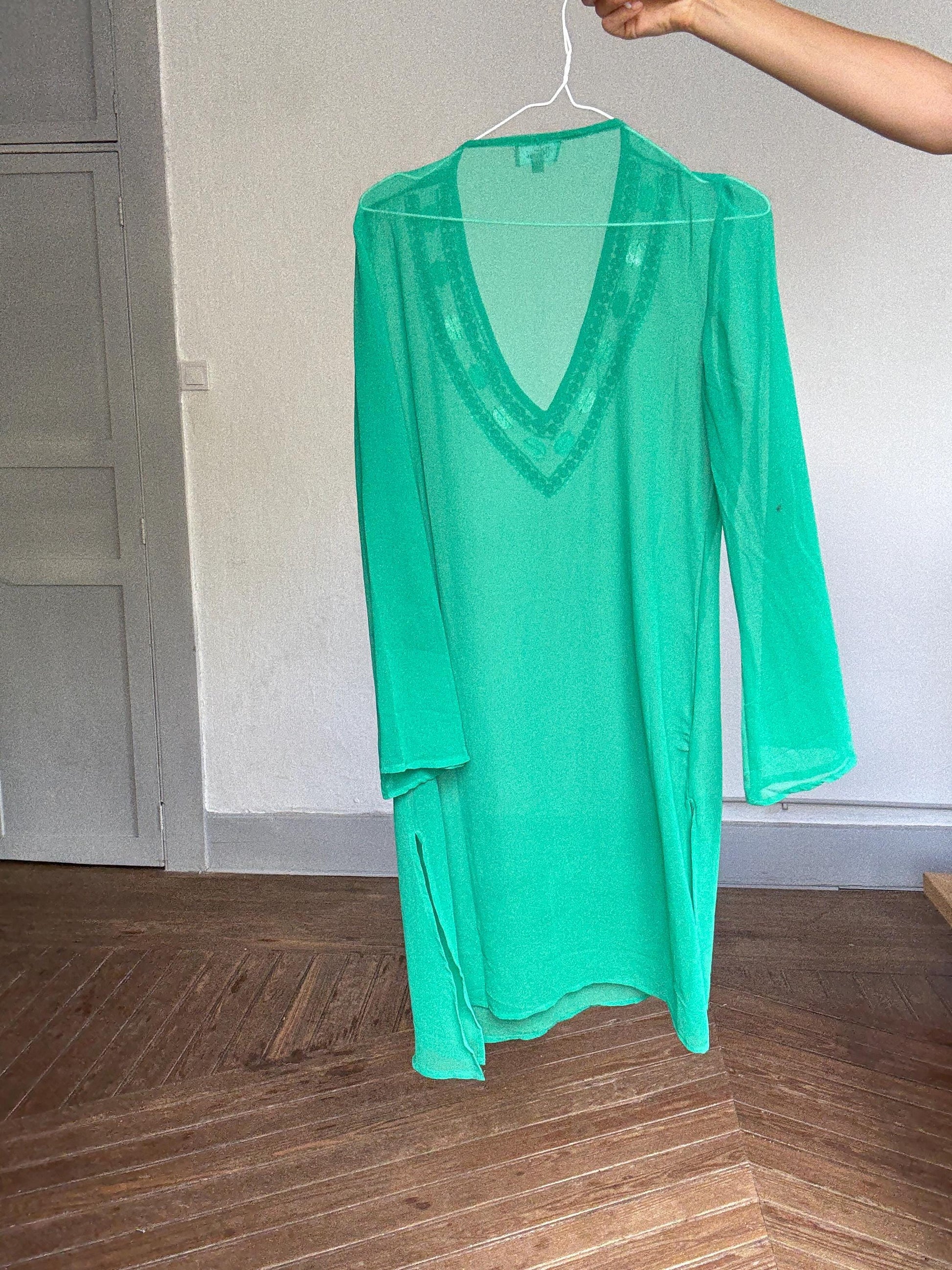Vintage green sheer tunic dress with deep V neckline – beaded gemstone trim, flowy silhouette, KLUMI, M/L fit, glam beach cover-up