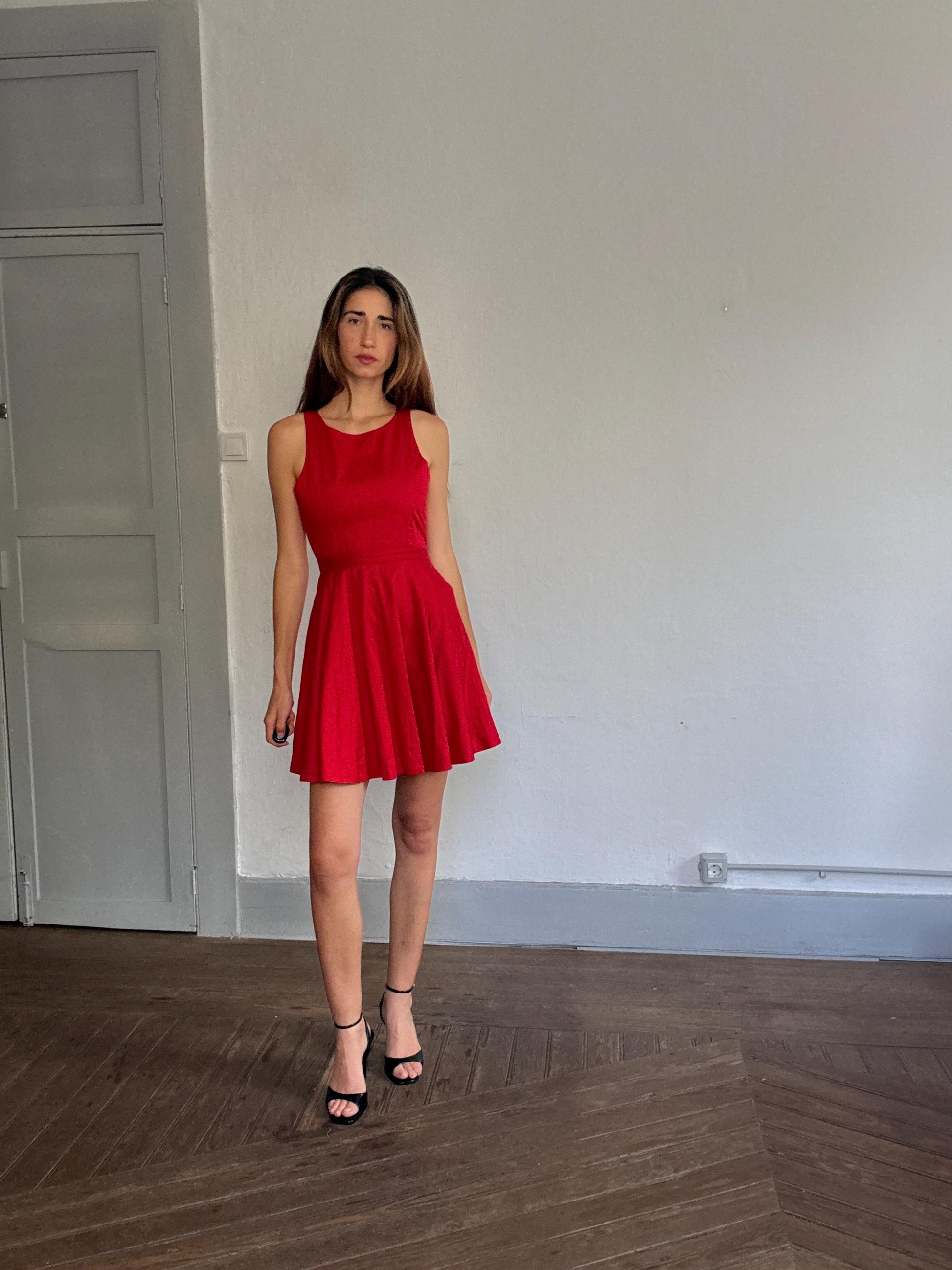 Polo Ralph Lauren red fit & flare dress – US 16, criss-cross back, sleeveless, 100% cotton, bold open-back mini