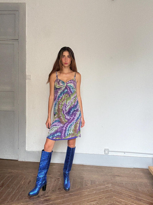 Vintage Cortefiel 100% silk dress – size 38, psychedelic swirl print, stretchy bust, slip dress aesthetic, Y2K retro