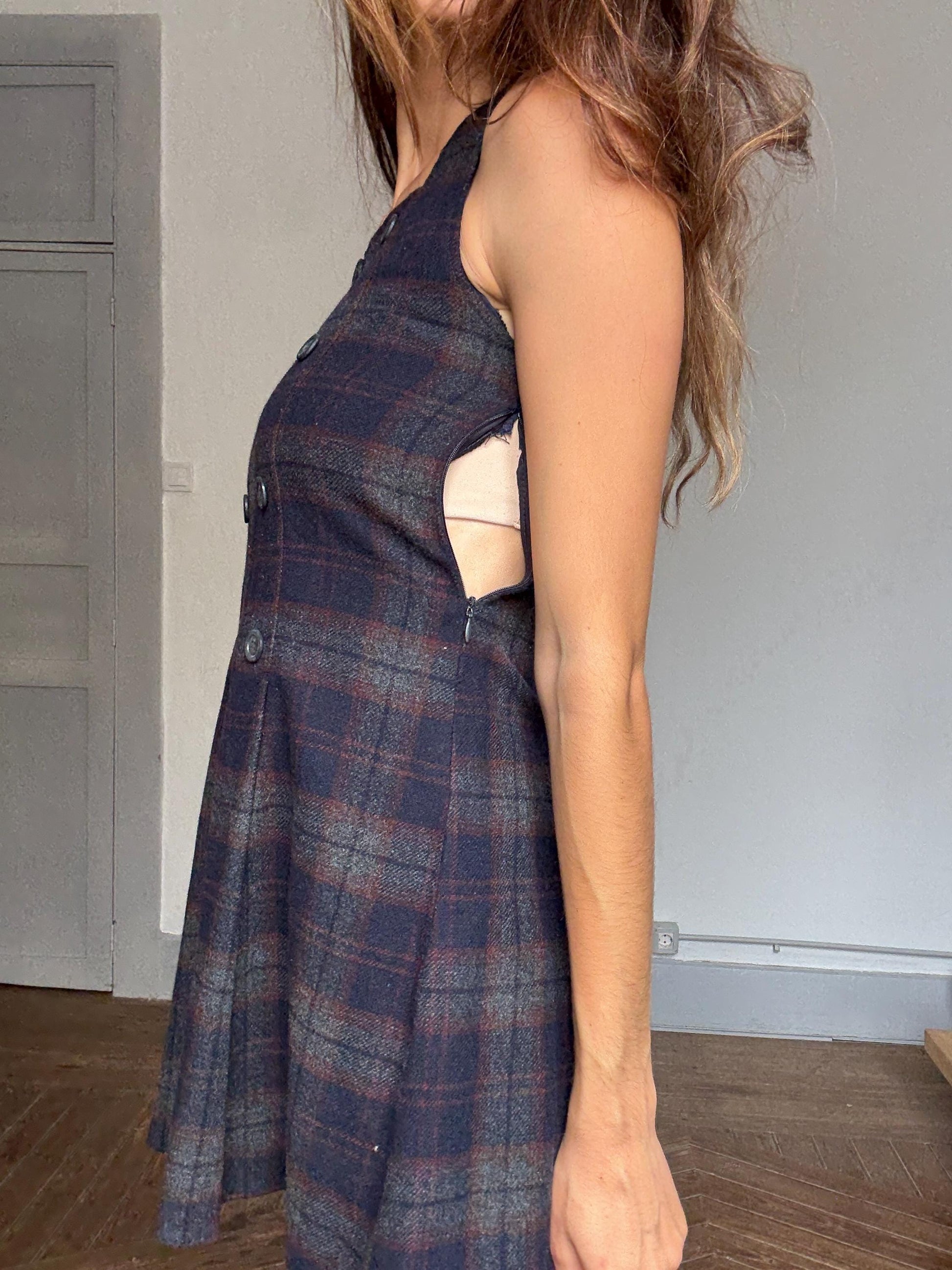 Vintage Wool Plaid Mini Dress – Dark Academia Pinafore Look | Girls Roots by On The Road | Gossip Girl Aesthetic | Petite Fit, Made in Spain