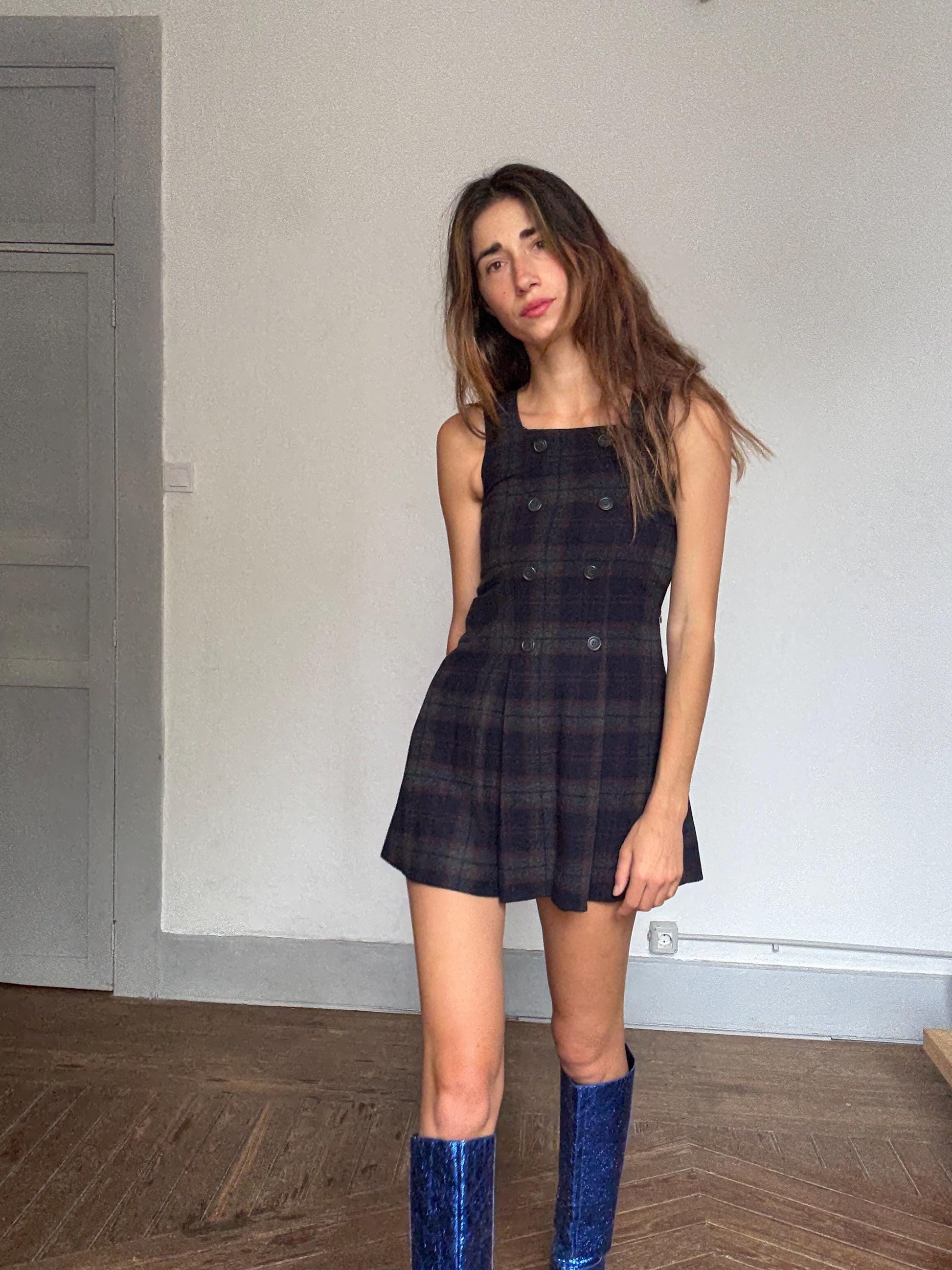 Vintage Wool Plaid Mini Dress – Dark Academia Pinafore Look | Girls Roots by On The Road | Gossip Girl Aesthetic | Petite Fit, Made in Spain