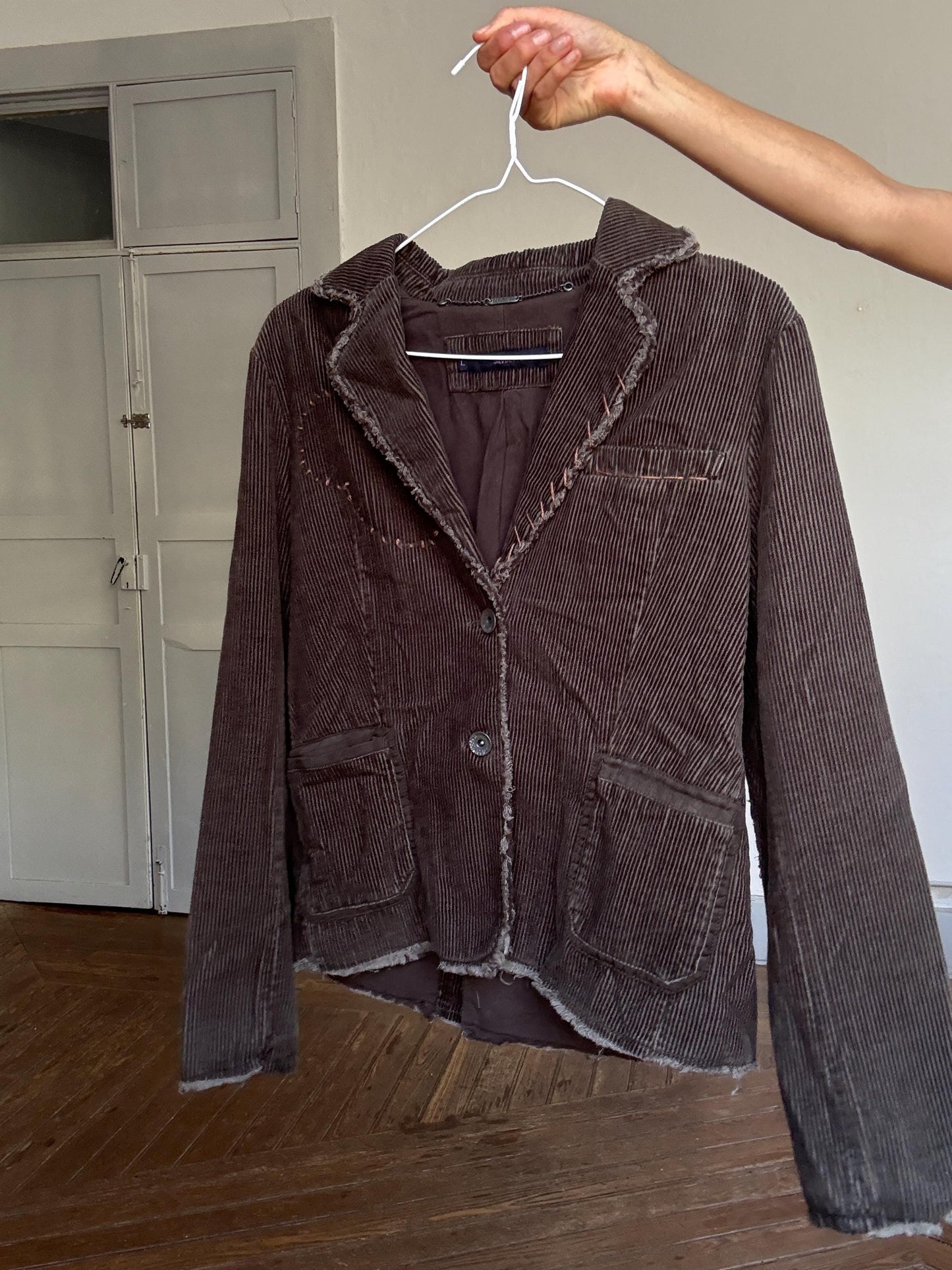 Y2K Corduroy Blazer Jacket – Silvian Heach | Dark Brown Distressed Stitch Detail | Bella Hadid Street Style Vibe | Grunge Academia | Size L