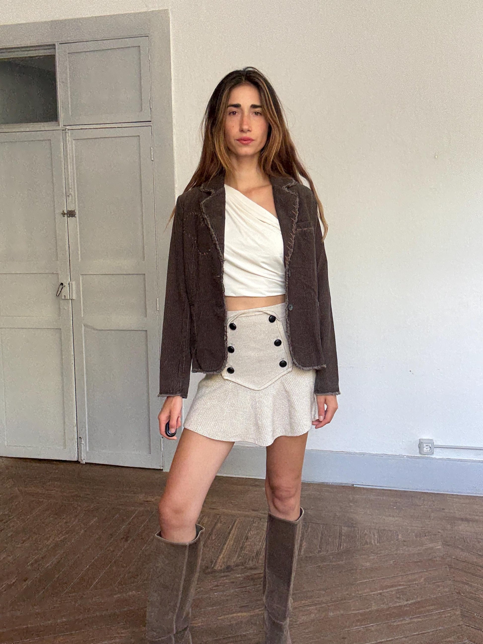 Y2K Corduroy Blazer Jacket – Silvian Heach | Dark Brown Distressed Stitch Detail | Bella Hadid Street Style Vibe | Grunge Academia | Size L