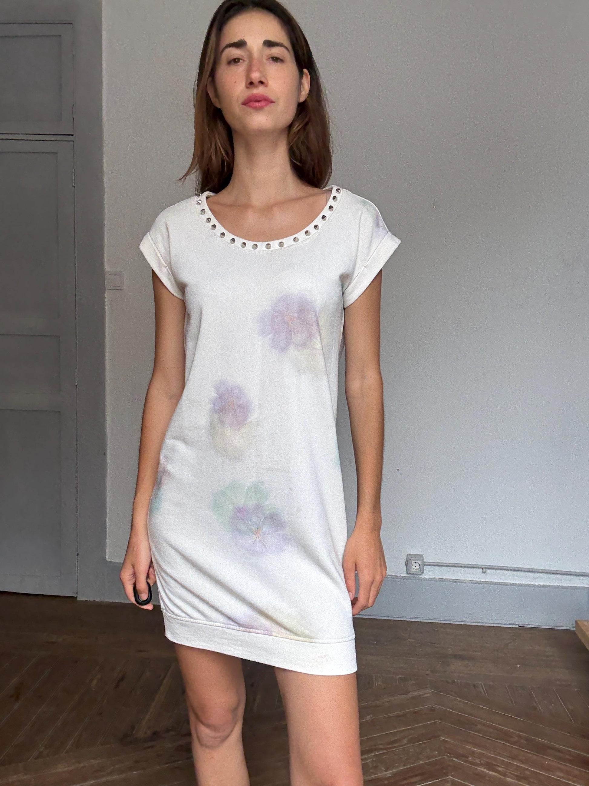 Floral Sweatshirt Dress With Studded Neckline — detail