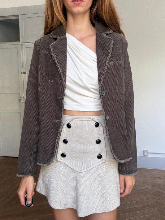 Y2K Corduroy Blazer Jacket – Silvian Heach | Dark Brown Distressed Stitch Detail | Bella Hadid Street Style Vibe | Grunge Academia | Size L